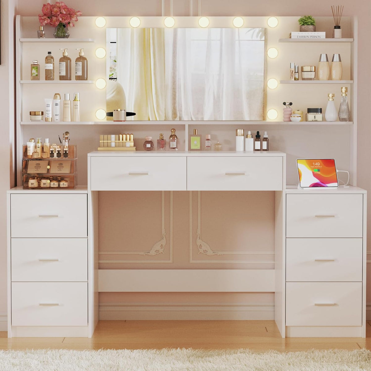 Fixwal 54.3" Professional Makeup Vanity Table with 8 Drawers, LED Hollywood Mirror & Charging Station, White