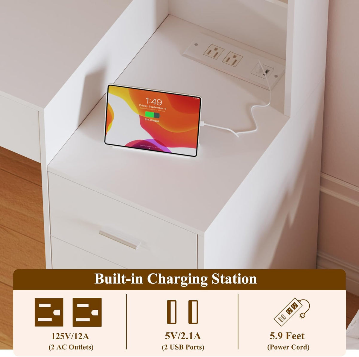 Fixwal 54.3" Professional Makeup Vanity Table with 8 Drawers, LED Hollywood Mirror & Charging Station, White