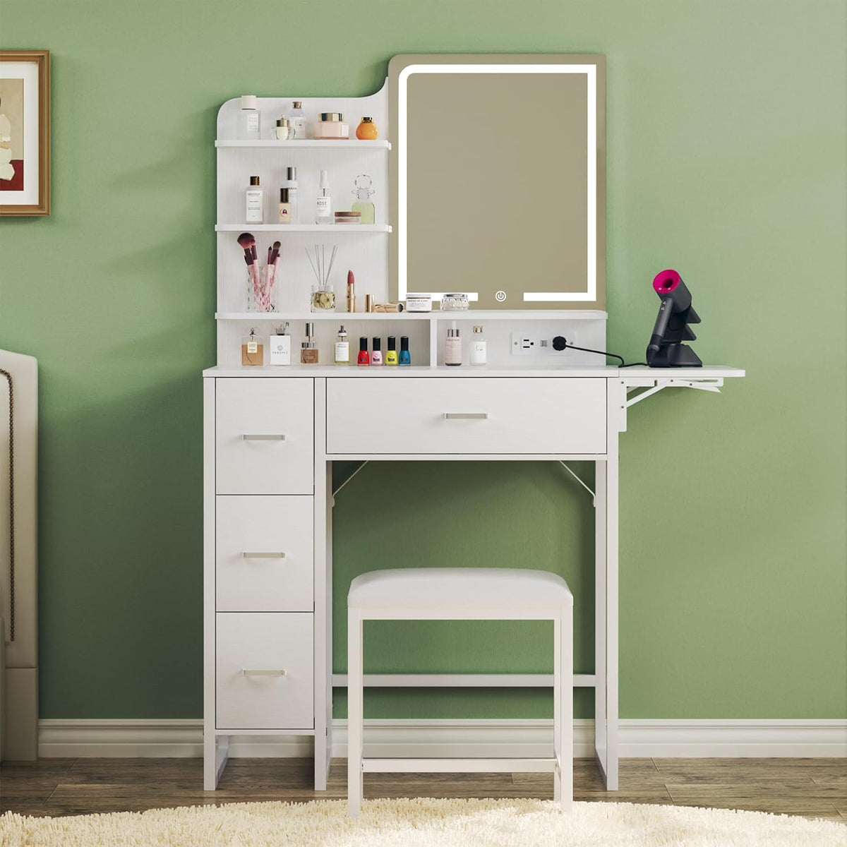 Fixwal Small Makeup Vanity Table with 4 Drawers, LED Lighted Mirror & Charging Station, 36.6" L x 15.7" W x 53.5" H