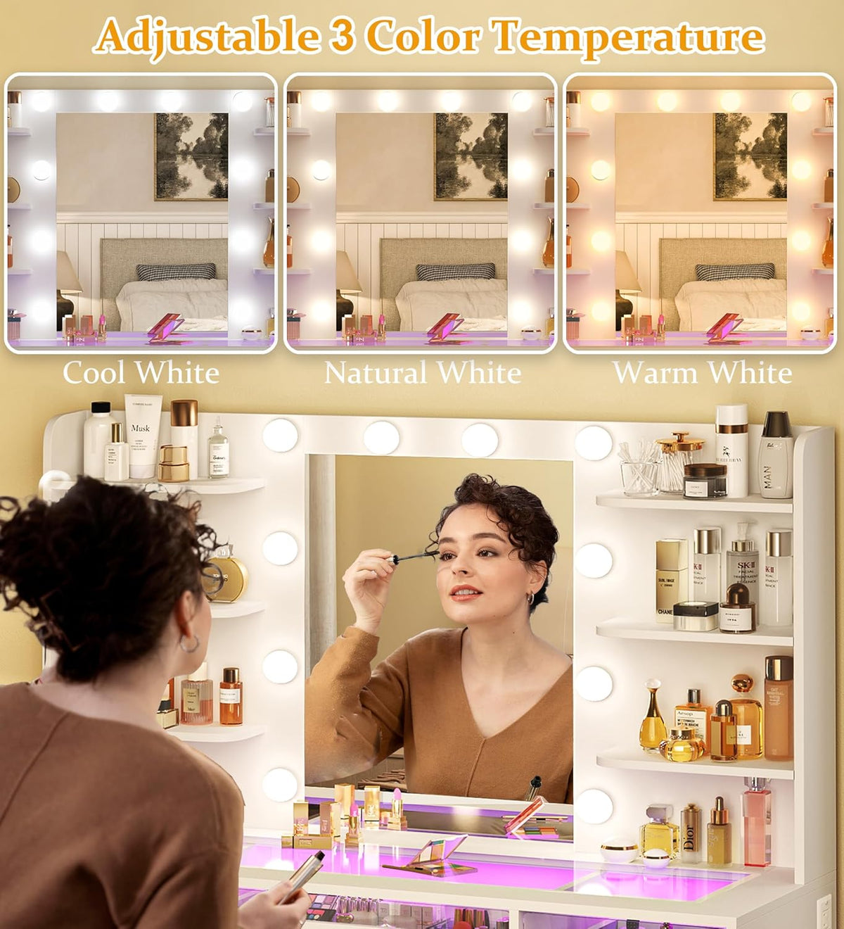 Fixwal Makeup Vanity Table with LED Mirror, Tempered Glass Top, RGB Drawers & Charging Station, 15.7"D x 43.3"W x 55.5"H