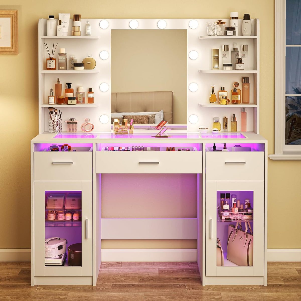 Fixwal Makeup Vanity Table with LED Mirror, Tempered Glass Top, RGB Drawers & Charging Station, 15.7"D x 43.3"W x 55.5"H