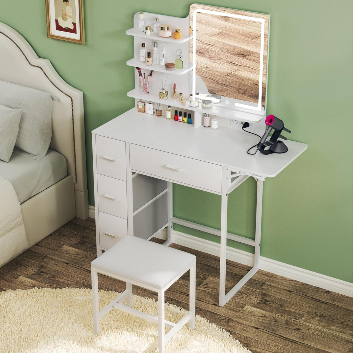 Fixwal Small Makeup Vanity Table with 4 Drawers, LED Lighted Mirror & Charging Station, 36.6" L x 15.7" W x 53.5" H