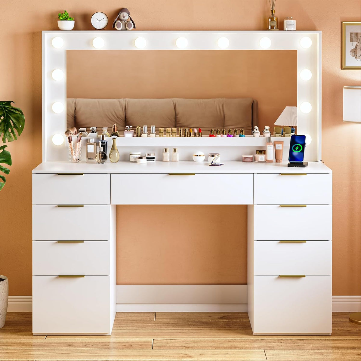 Fixwal Vanity Desk with Large Mirror and Lights for Bedroom, 3 Lighting Color Adjustable & Power Outlet, 9 Drawers, 15.75"D x 45.28"W x 55.12"H