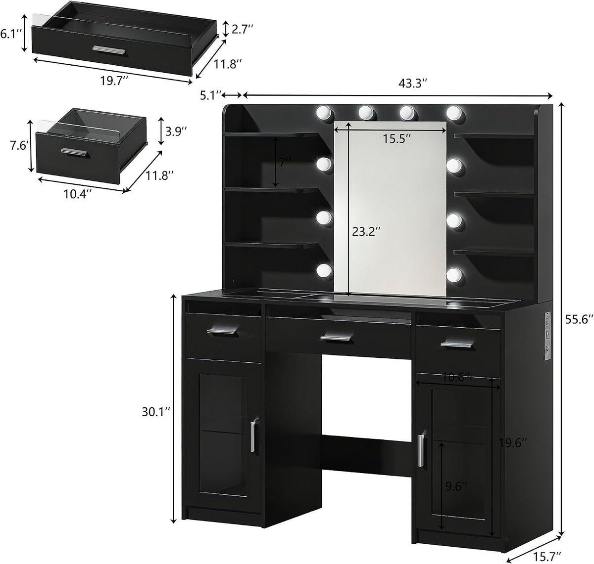 Fixwal Makeup Vanity Table with LED Mirror, Tempered Glass Top, RGB Drawers & Charging Station, 15.7"D x 43.3"W x 55.5"H