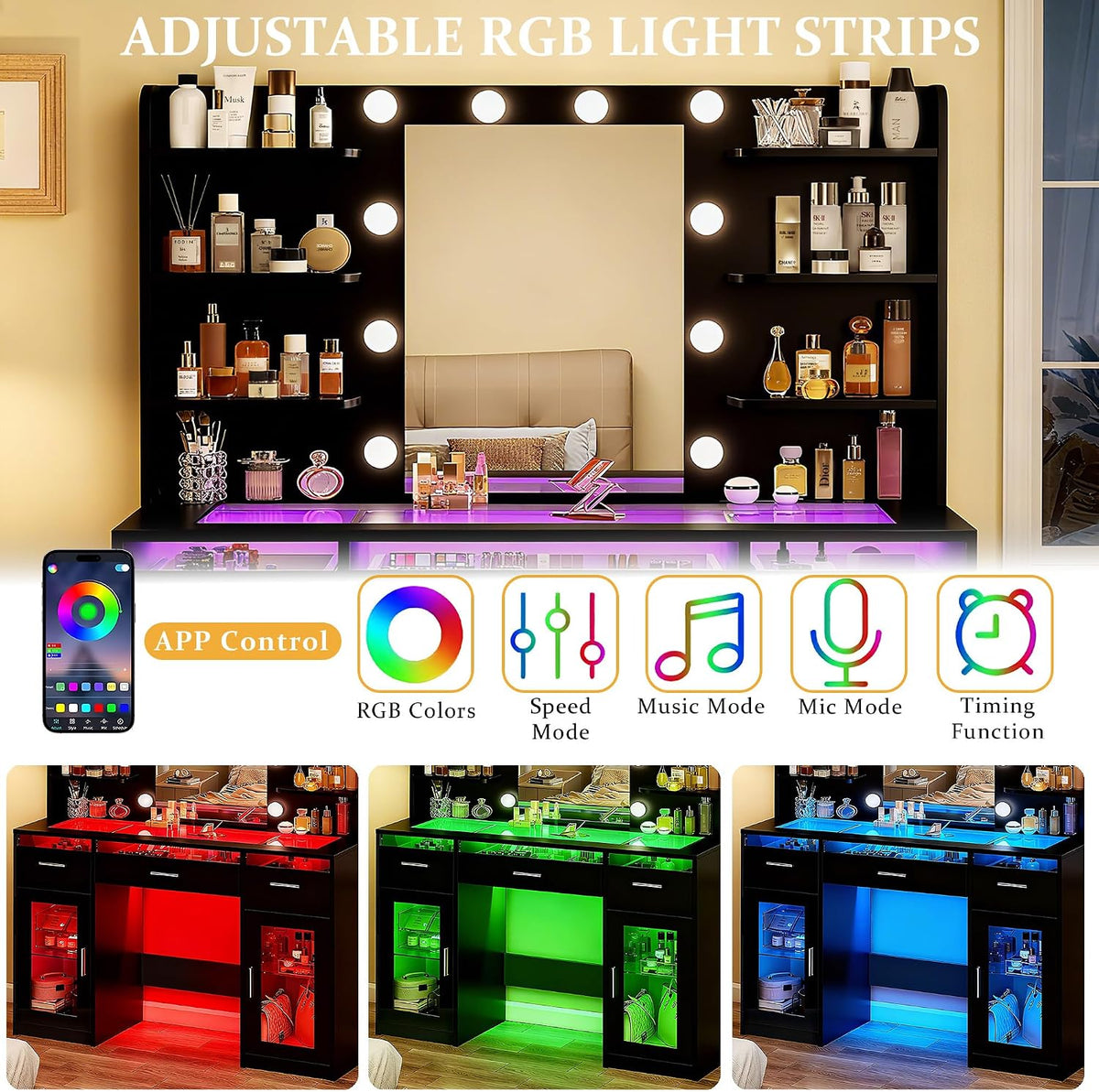 Fixwal Makeup Vanity Table with LED Mirror, Tempered Glass Top, RGB Drawers & Charging Station, 15.7"D x 43.3"W x 55.5"H