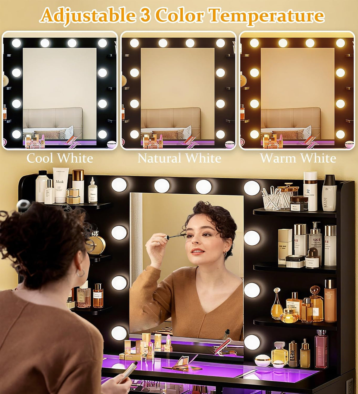 Fixwal Makeup Vanity Table with LED Mirror, Tempered Glass Top, RGB Drawers & Charging Station, 15.7"D x 43.3"W x 55.5"H