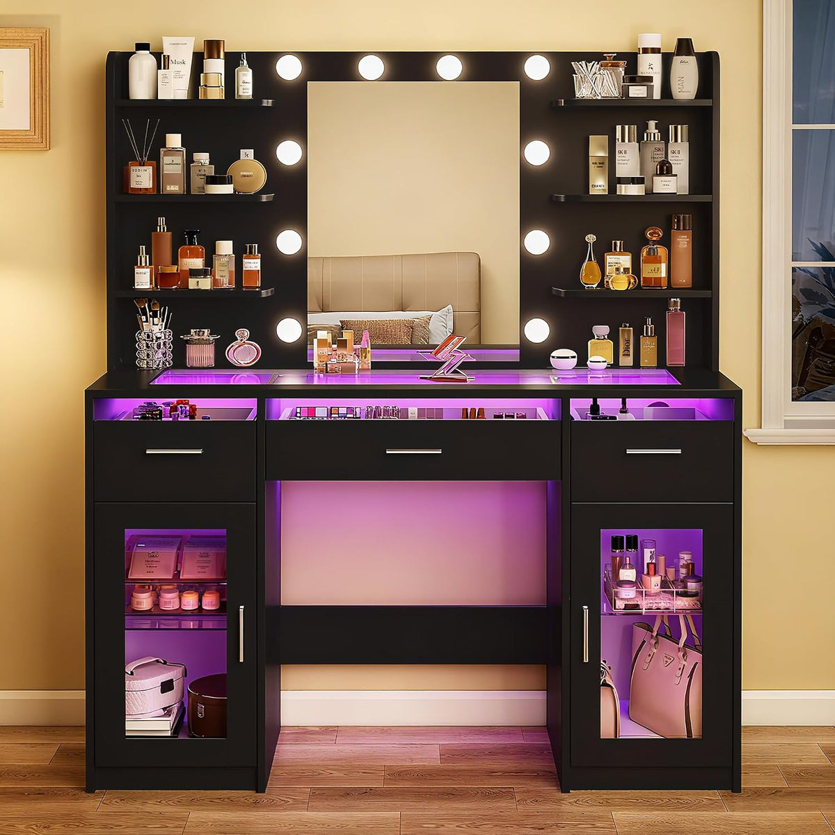 Fixwal Makeup Vanity Table with LED Mirror, Tempered Glass Top, RGB Drawers & Charging Station, 15.7"D x 43.3"W x 55.5"H