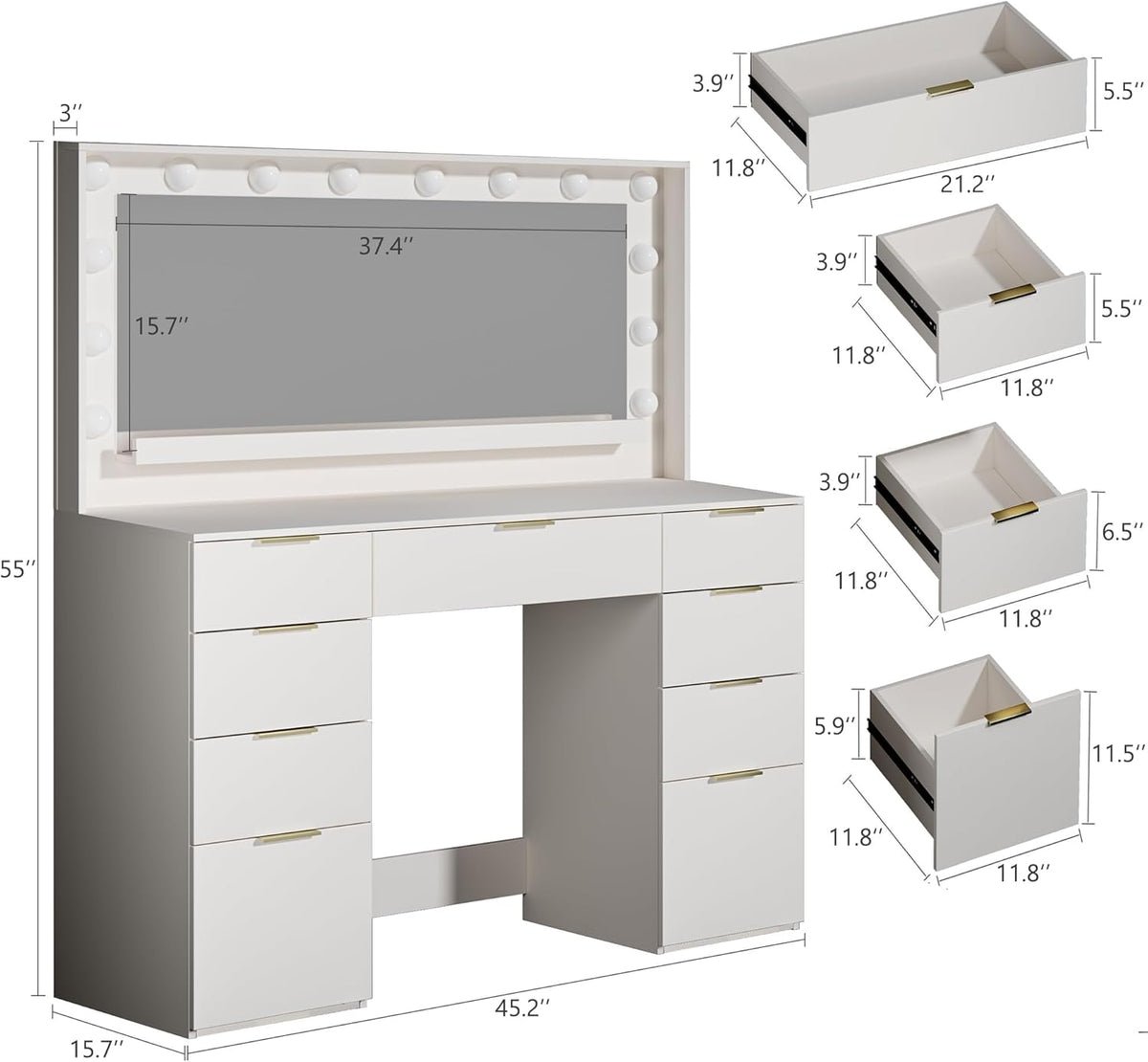 Fixwal Vanity Desk with Large Mirror and Lights for Bedroom, 3 Lighting Color Adjustable & Power Outlet, 9 Drawers, 15.75"D x 45.28"W x 55.12"H