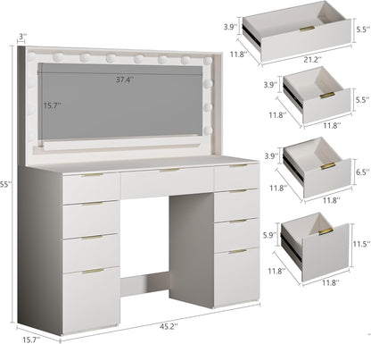 Fixwal Vanity Desk with Large Mirror and Lights for Bedroom, 3 Lighting Color Adjustable & Power Outlet, 9 Drawers, 15.75"D x 45.28"W x 55.12"H