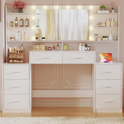 Fixwal 54.3" Professional Makeup Vanity Table with 8 Drawers, LED Hollywood Mirror & Charging Station, White