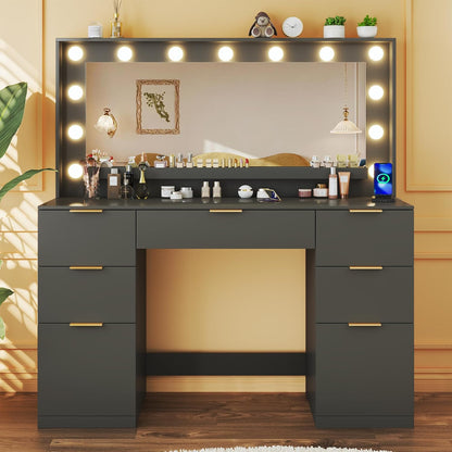 Fixwal Vanity Desk with Large Mirror and Lights for Bedroom, 3 Lighting Color Adjustable & Power Outlet, 7 Drawers, 15.7"D x 45.2"W x 55"H