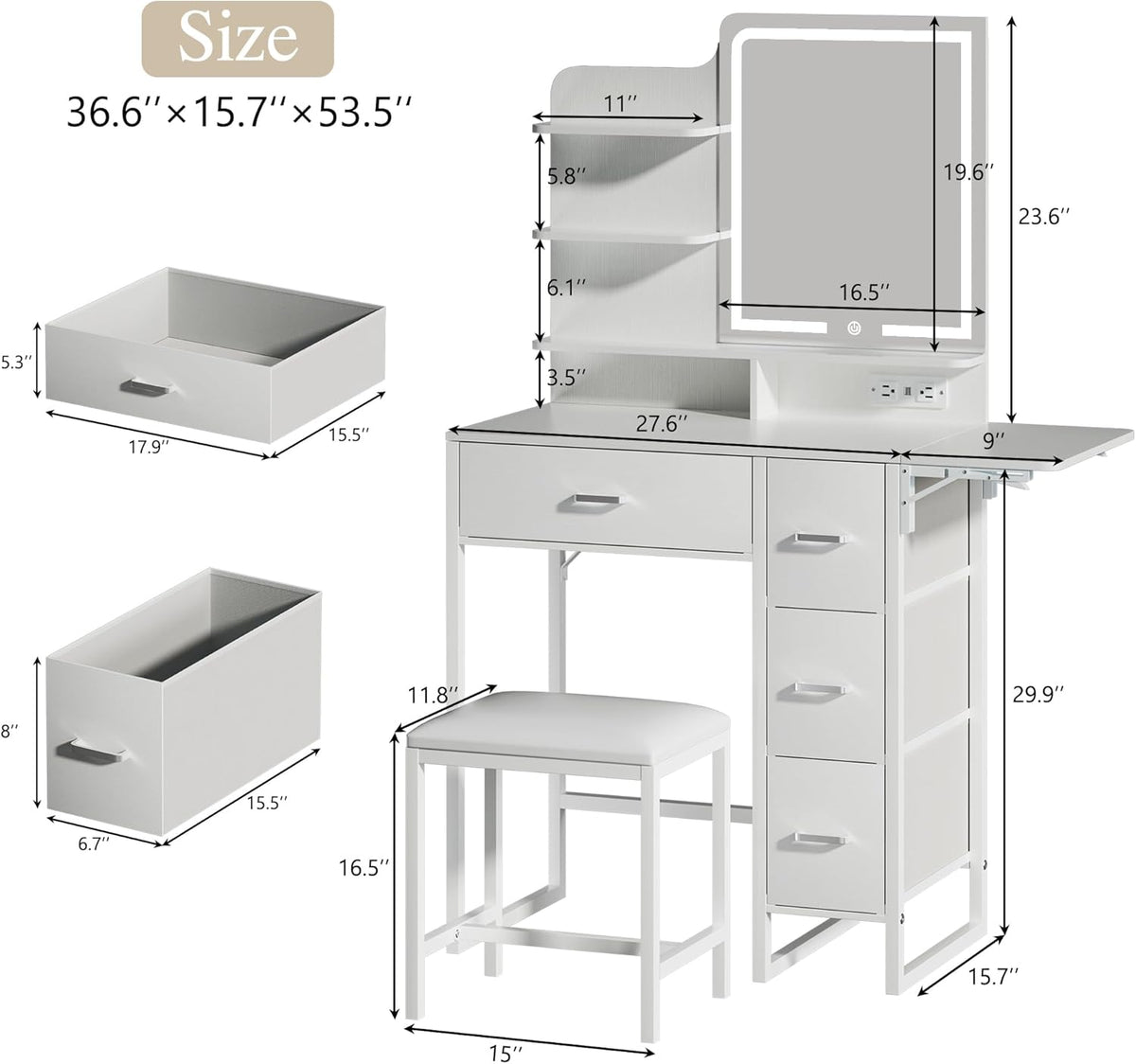 Fixwal Small Makeup Vanity Table with 4 Drawers, LED Lighted Mirror & Charging Station, 36.6" L x 15.7" W x 53.5" H