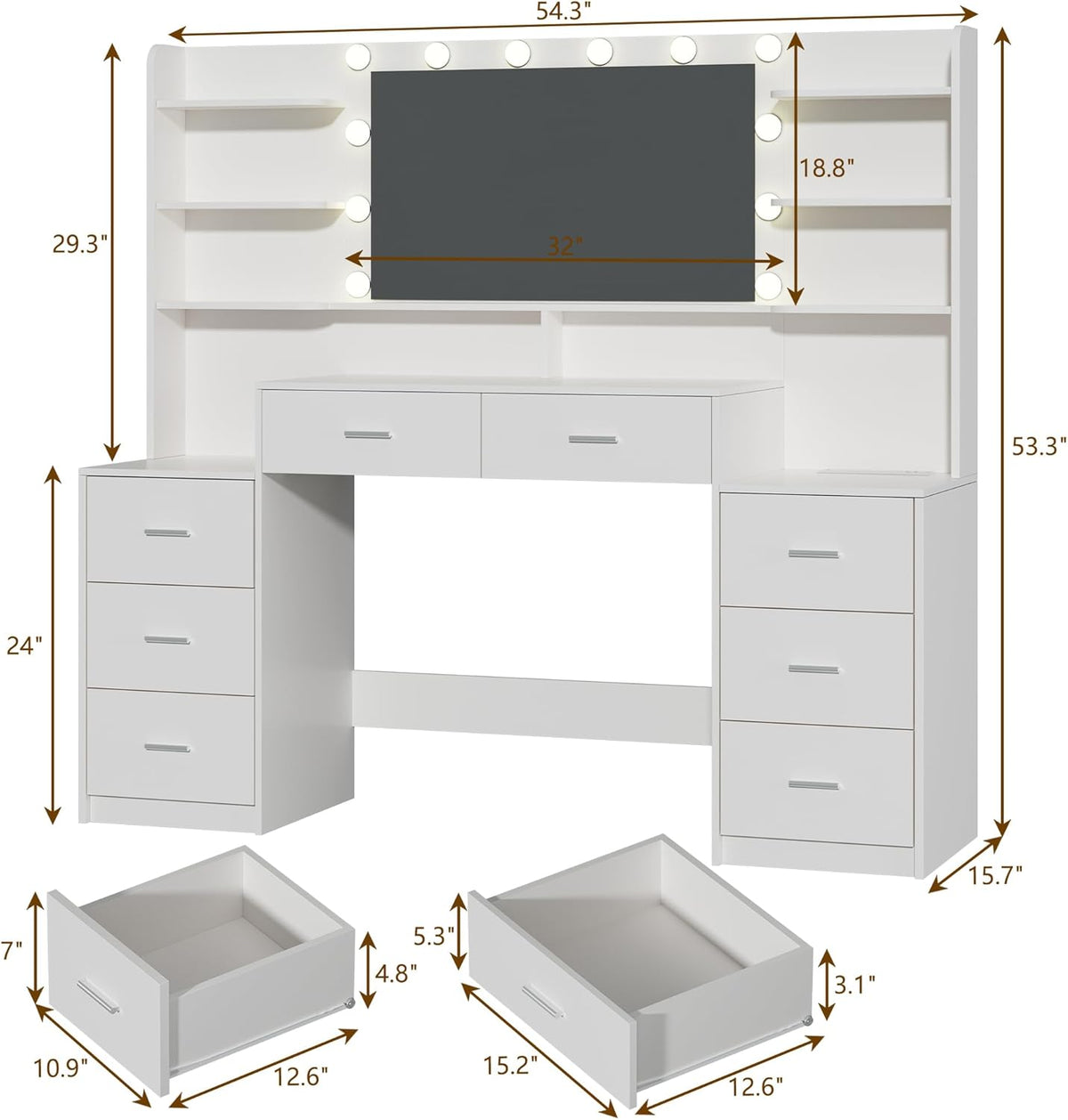 Fixwal 54.3" Professional Makeup Vanity Table with 8 Drawers, LED Hollywood Mirror & Charging Station, White