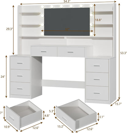 Fixwal 54.3" Professional Makeup Vanity Table with 8 Drawers, LED Hollywood Mirror & Charging Station, White