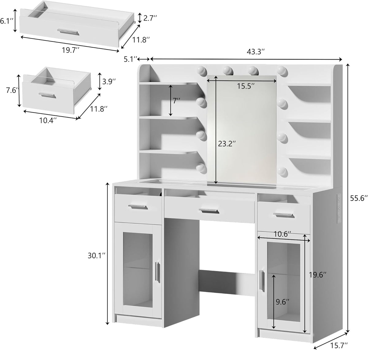 Fixwal Makeup Vanity Table with LED Mirror, Tempered Glass Top, RGB Drawers & Charging Station, 15.7"D x 43.3"W x 55.5"H