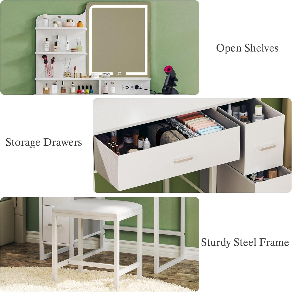 Fixwal Small Makeup Vanity Table with 4 Drawers, LED Lighted Mirror & Charging Station, 36.6" L x 15.7" W x 53.5" H