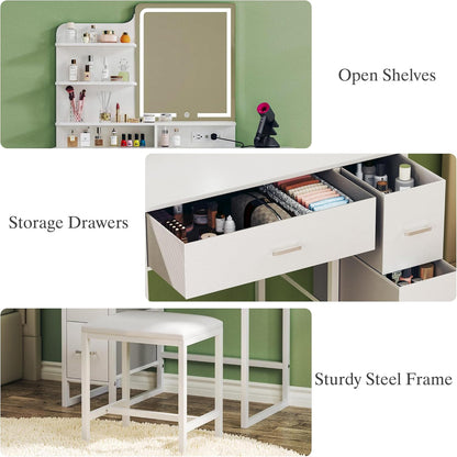 Fixwal Small Makeup Vanity Table with 4 Drawers, LED Lighted Mirror & Charging Station, 36.6" L x 15.7" W x 53.5" H