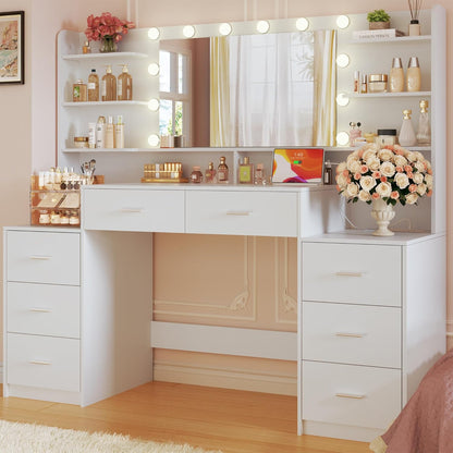 Fixwal 54.3" Professional Makeup Vanity Table with 8 Drawers, LED Hollywood Mirror & Charging Station, White