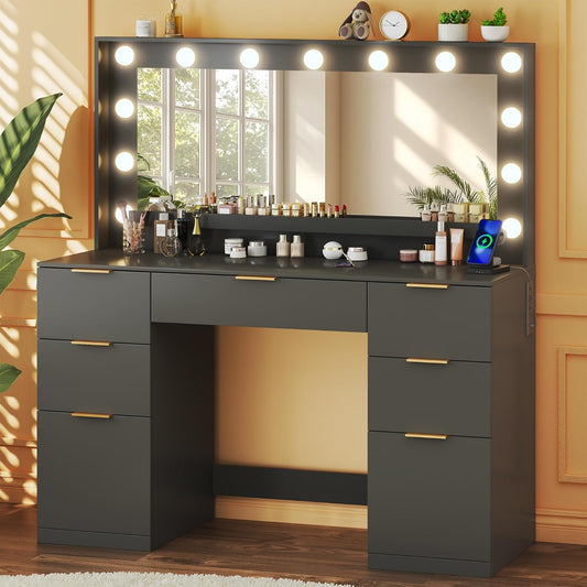 Fixwal Vanity Desk with Large Mirror and Lights for Bedroom, 3 Lighting Color Adjustable & Power Outlet, 7 Drawers, 15.7"D x 45.2"W x 55"H