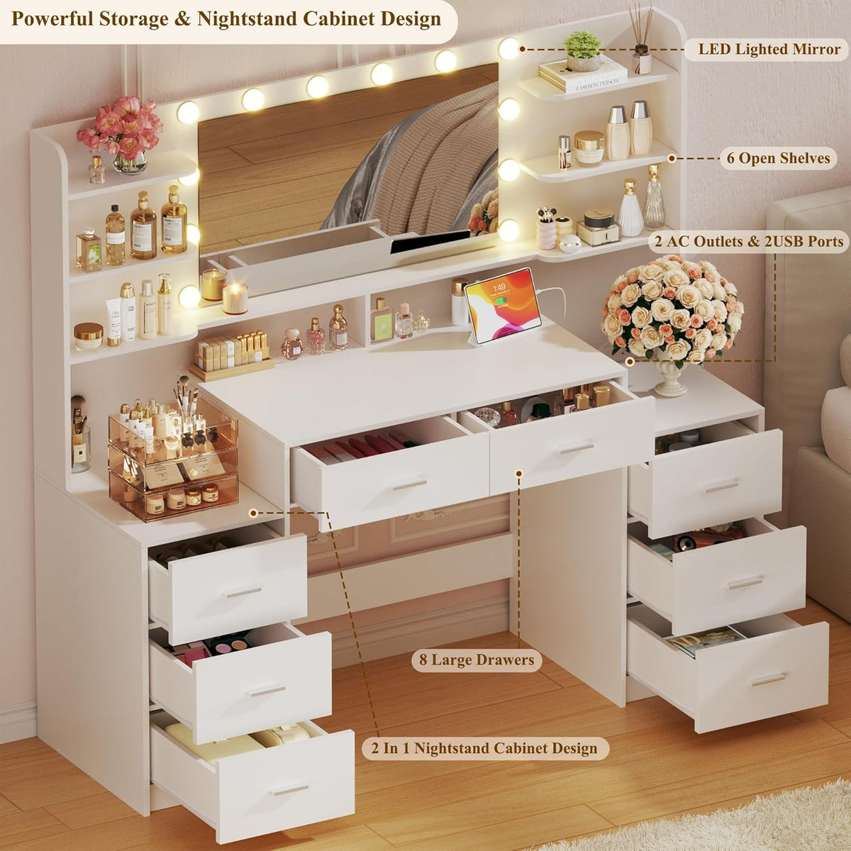 Fixwal 54.3" Professional Makeup Vanity Table with 8 Drawers, LED Hollywood Mirror & Charging Station, White