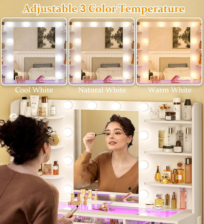 Fixwal Makeup Vanity Table with LED Mirror, Tempered Glass Top, RGB Drawers & Charging Station, 15.7"D x 43.3"W x 55.5"H