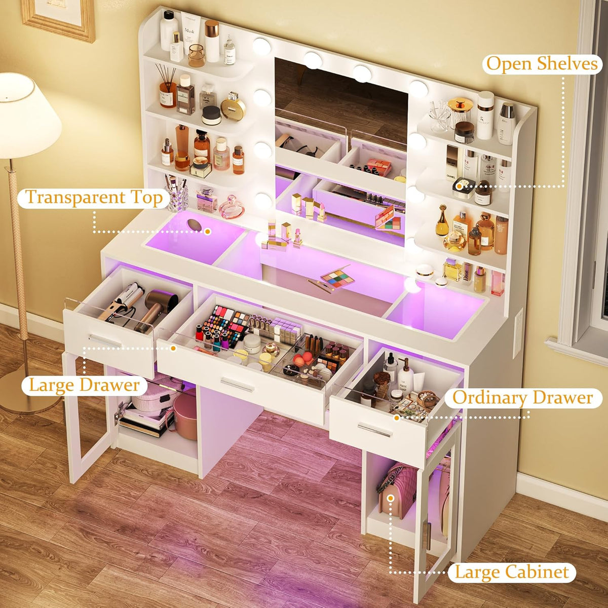 Fixwal Makeup Vanity Table with LED Mirror, Tempered Glass Top, RGB Drawers & Charging Station, 15.7"D x 43.3"W x 55.5"H