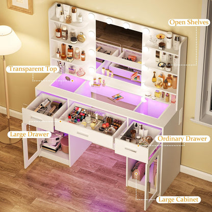 Fixwal Makeup Vanity Table with LED Mirror, Tempered Glass Top, RGB Drawers & Charging Station, 15.7"D x 43.3"W x 55.5"H