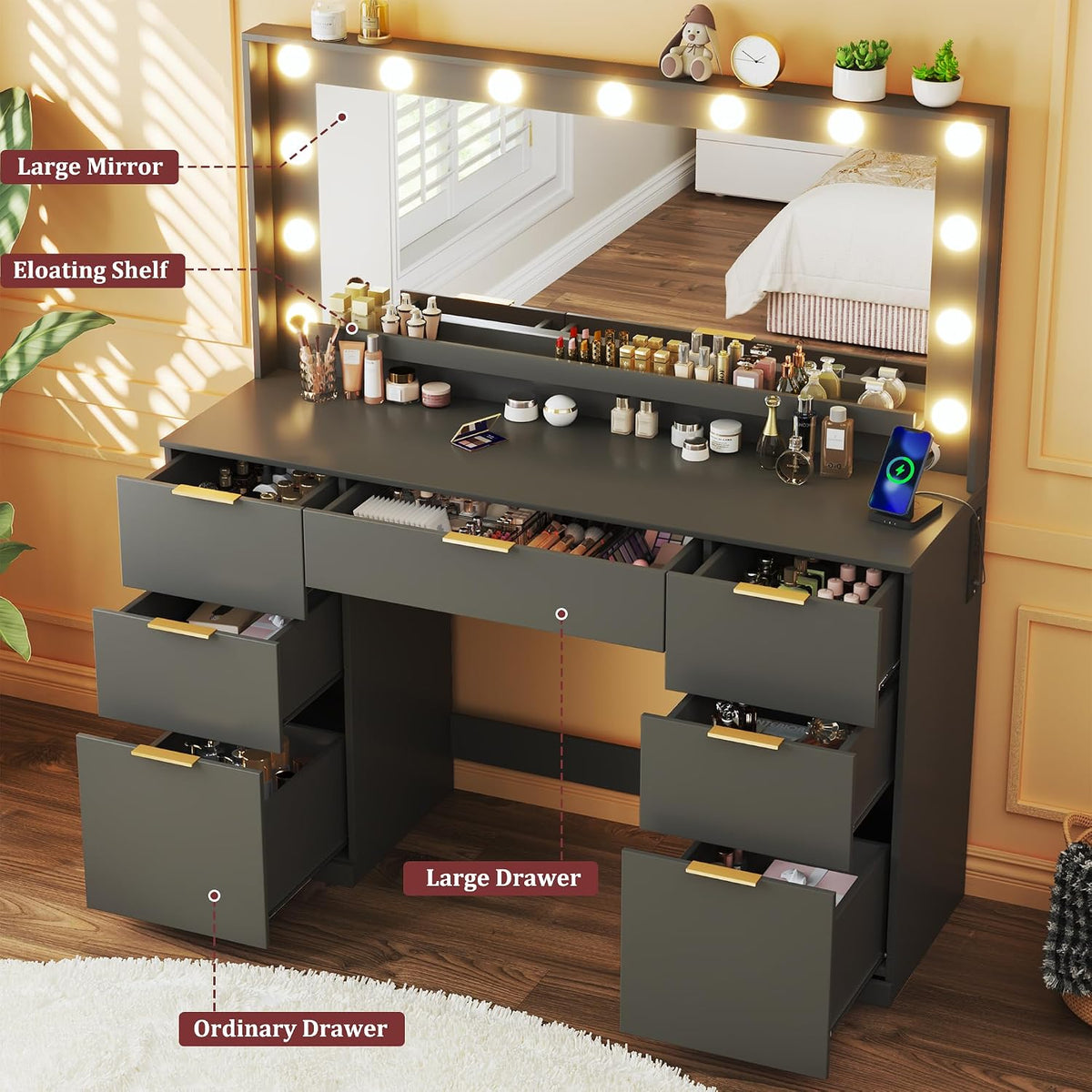 Fixwal Vanity Desk with Large Mirror and Lights for Bedroom, 3 Lighting Color Adjustable & Power Outlet, 7 Drawers, 15.7"D x 45.2"W x 55"H