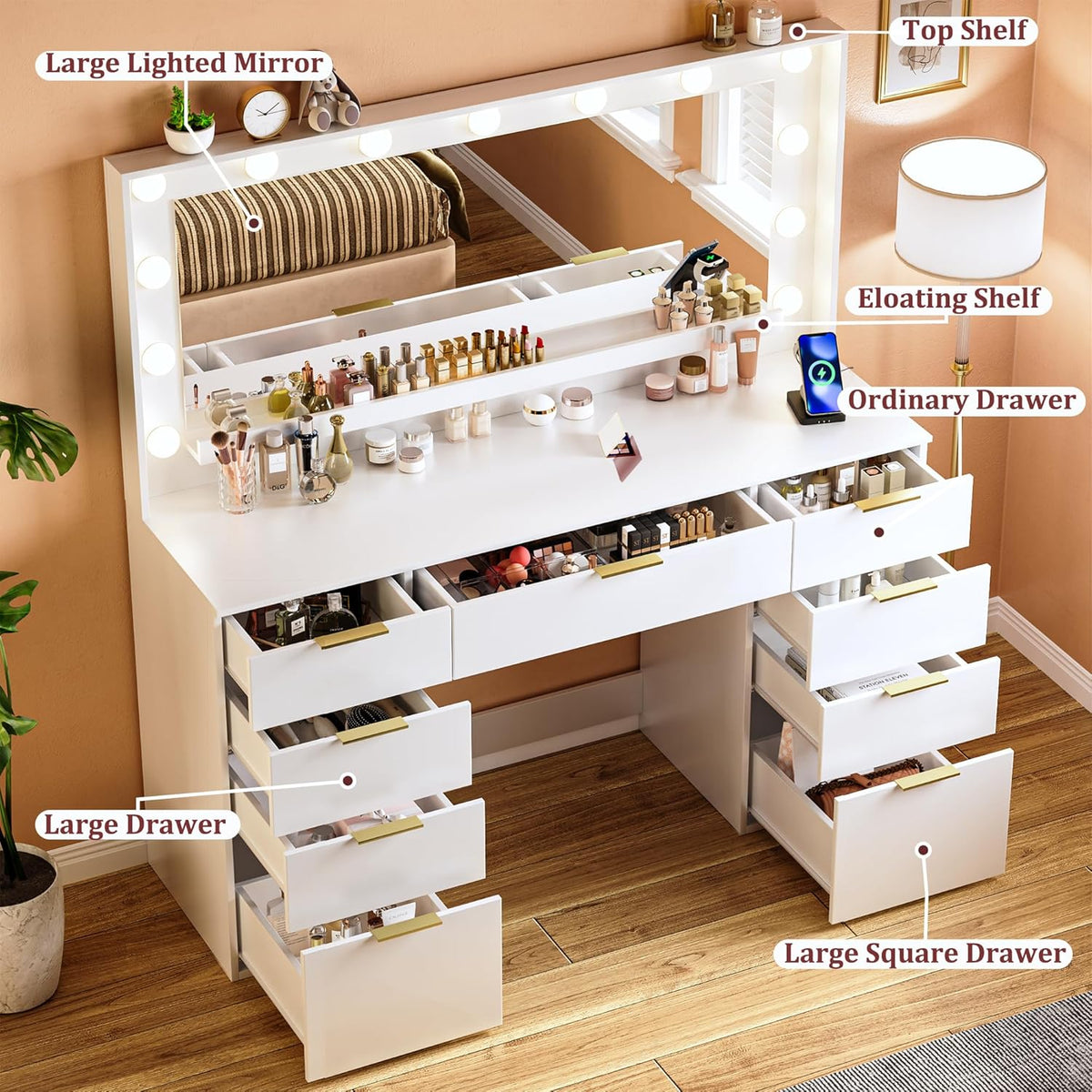 Fixwal Vanity Desk with Large Mirror and Lights for Bedroom, 3 Lighting Color Adjustable & Power Outlet, 9 Drawers, 15.75"D x 45.28"W x 55.12"H