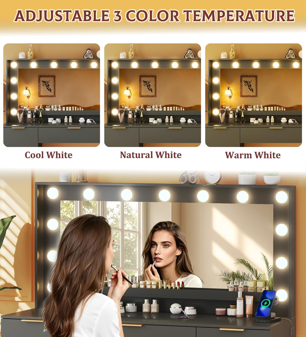 Fixwal Vanity Desk with Large Mirror and Lights for Bedroom, 3 Lighting Color Adjustable & Power Outlet, 7 Drawers, 15.7"D x 45.2"W x 55"H