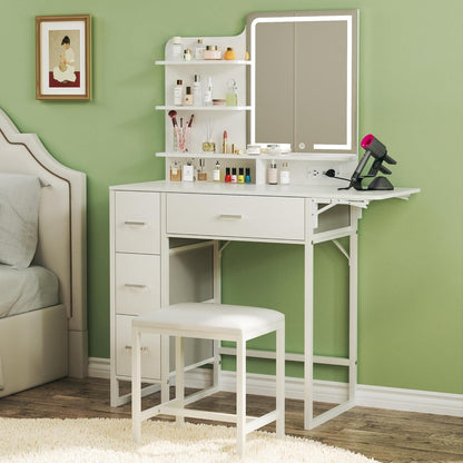 Fixwal Small Makeup Vanity Table with 4 Drawers, LED Lighted Mirror & Charging Station, 36.6" L x 15.7" W x 53.5" H