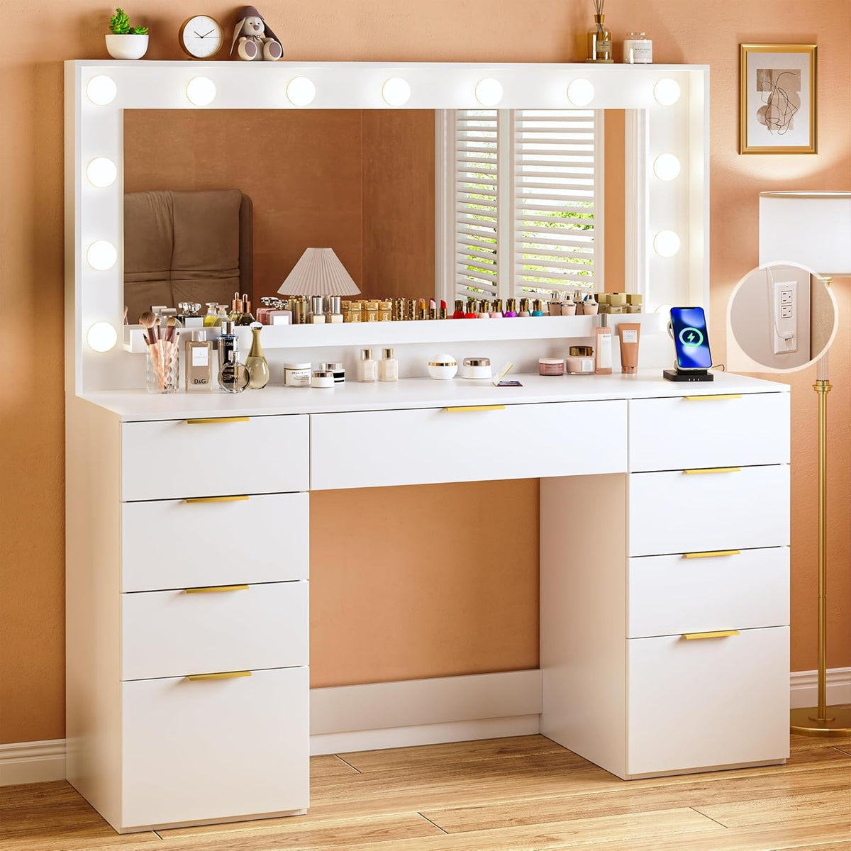 Fixwal Vanity Desk with Large Mirror and Lights for Bedroom, 3 Lighting Color Adjustable & Power Outlet, 9 Drawers, 15.75"D x 45.28"W x 55.12"H
