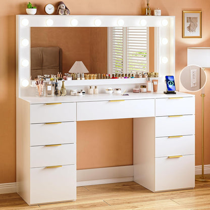 Fixwal Vanity Desk with Large Mirror and Lights for Bedroom, 3 Lighting Color Adjustable & Power Outlet, 9 Drawers, 15.75"D x 45.28"W x 55.12"H