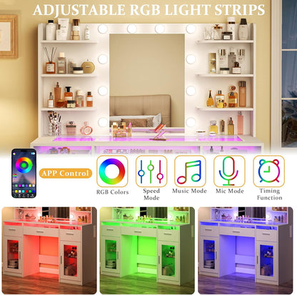 Fixwal Makeup Vanity Table with LED Mirror, Tempered Glass Top, RGB Drawers & Charging Station, 15.7"D x 43.3"W x 55.5"H