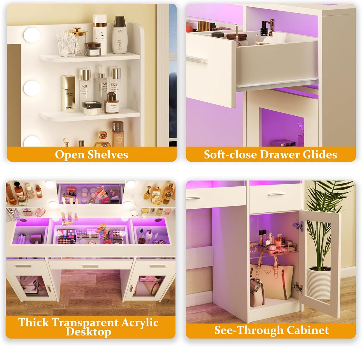 Fixwal Makeup Vanity Table with LED Mirror, Tempered Glass Top, RGB Drawers & Charging Station, 15.7"D x 43.3"W x 55.5"H