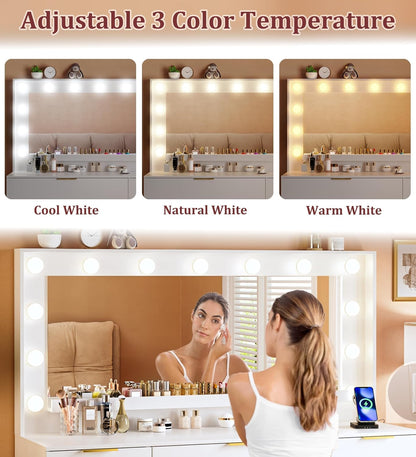 Fixwal Vanity Desk with Large Mirror and Lights for Bedroom, 3 Lighting Color Adjustable & Power Outlet, 9 Drawers, 15.75"D x 45.28"W x 55.12"H