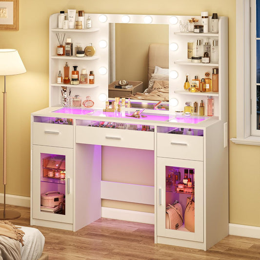 Fixwal Makeup Vanity Table with LED Mirror, Tempered Glass Top, RGB Drawers & Charging Station, 15.7"D x 43.3"W x 55.5"H
