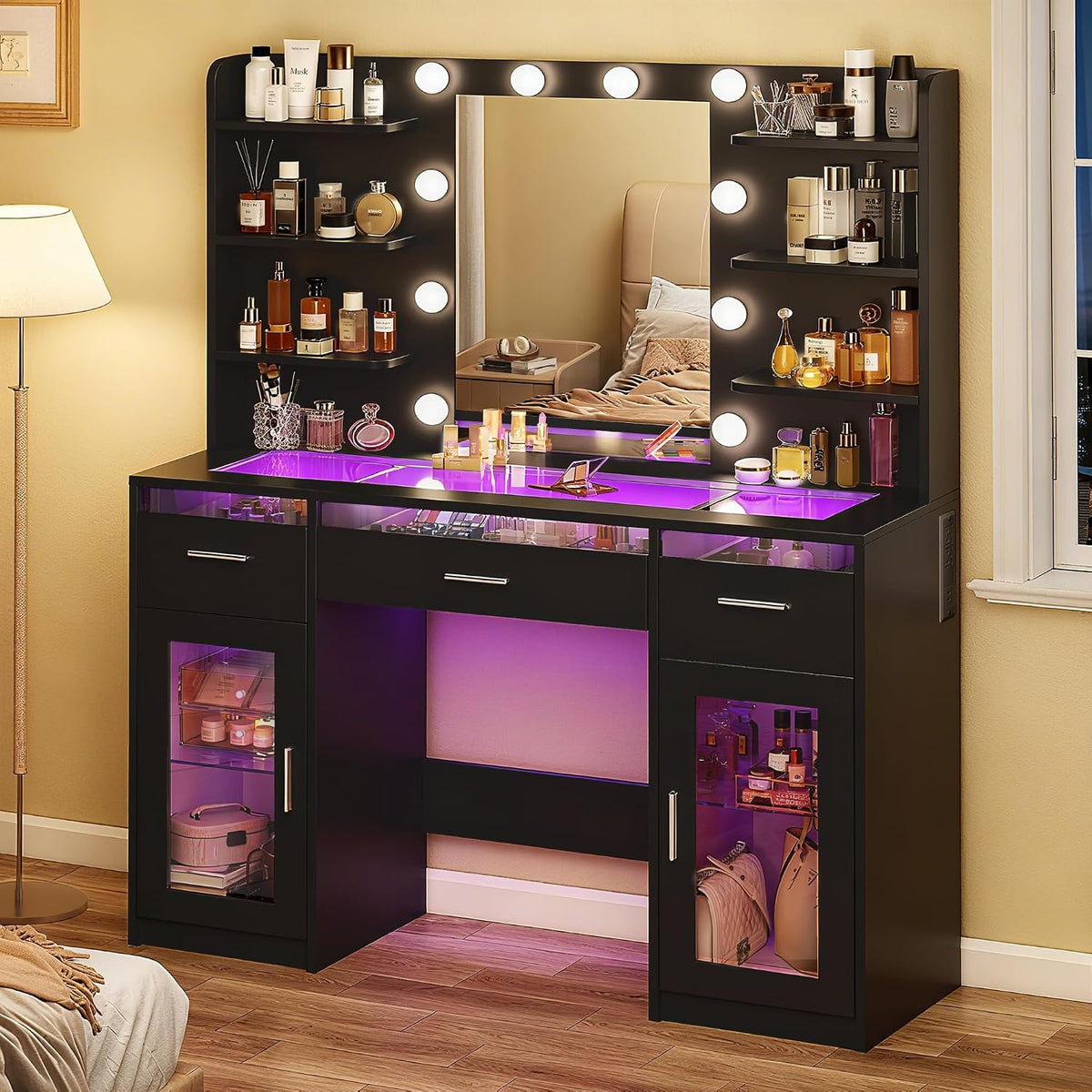 Fixwal Makeup Vanity Table with LED Mirror, Tempered Glass Top, RGB Drawers & Charging Station, 15.7"D x 43.3"W x 55.5"H