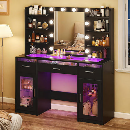 Fixwal Makeup Vanity Table with LED Mirror, Tempered Glass Top, RGB Drawers & Charging Station, 15.7"D x 43.3"W x 55.5"H
