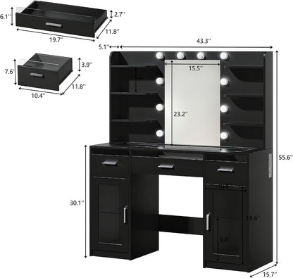 Fixwal Makeup Vanity Table with LED Mirror, Tempered Glass Top, RGB Drawers & Charging Station, 15.7"D x 43.3"W x 55.5"H