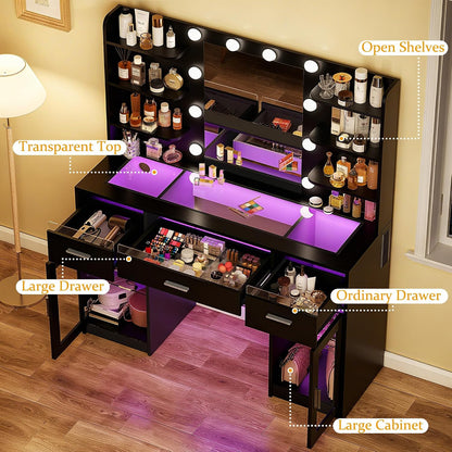 Fixwal Makeup Vanity Table with LED Mirror, Tempered Glass Top, RGB Drawers & Charging Station, 15.7"D x 43.3"W x 55.5"H