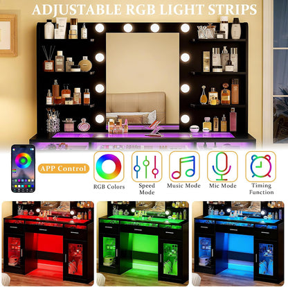 Fixwal Makeup Vanity Table with LED Mirror, Tempered Glass Top, RGB Drawers & Charging Station, 15.7"D x 43.3"W x 55.5"H