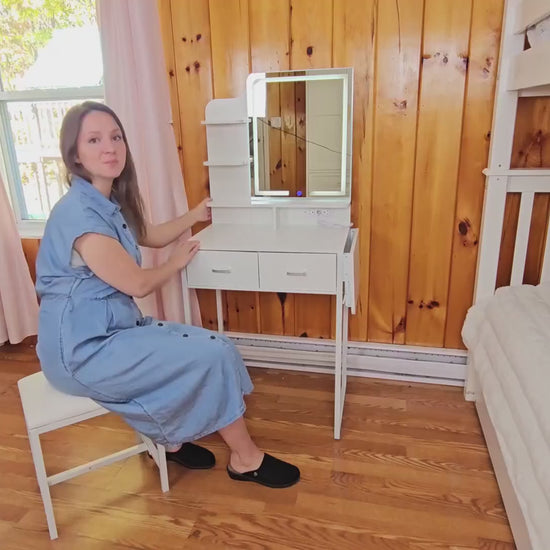 Fixwal Small Makeup Vanity Table with 4 Drawers, LED Lighted Mirror & Charging Station, 36.6" L x 15.7" W x 53.5" H