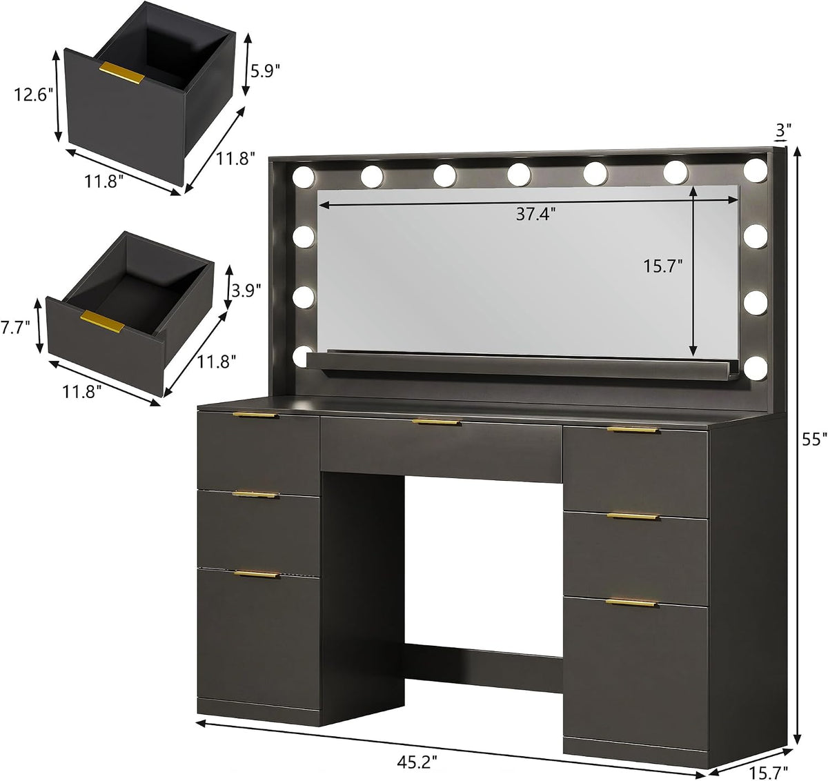 Fixwal Vanity Desk with Large Mirror and Lights for Bedroom, 3 Lighting Color Adjustable & Power Outlet, 7 Drawers, 15.7"D x 45.2"W x 55"H