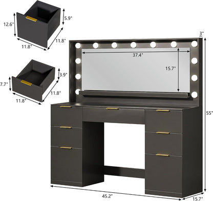 Fixwal Vanity Desk with Large Mirror and Lights for Bedroom, 3 Lighting Color Adjustable & Power Outlet, 7 Drawers, 15.7"D x 45.2"W x 55"H